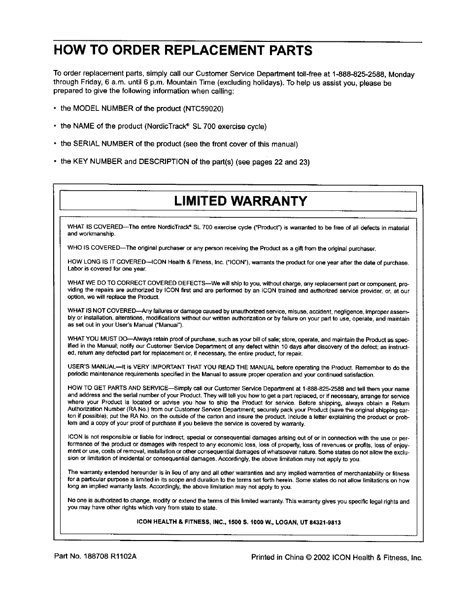 How to order replacement parts, Limited warranty | NordicTrack NTC59020 User Manual | Page 24 / 24