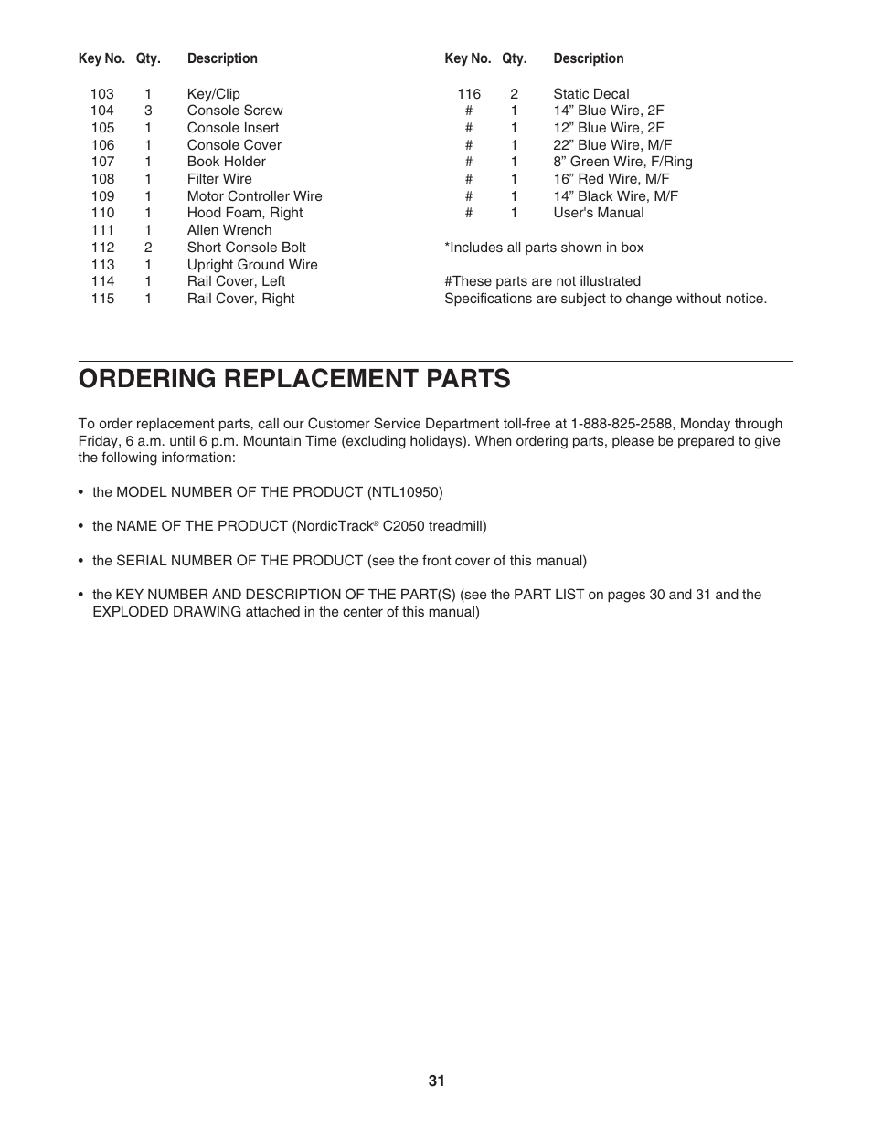 Ordering replacement parts | NordicTrack NTL10950 User Manual | Page 31 / 34