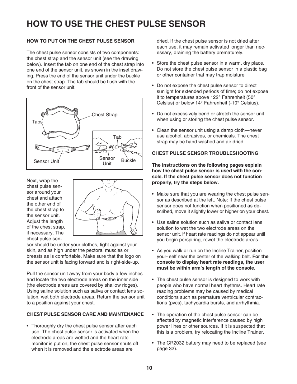 How to use the chest pulse sensor | NordicTrack NTK1994.0 User Manual | Page 10 / 38