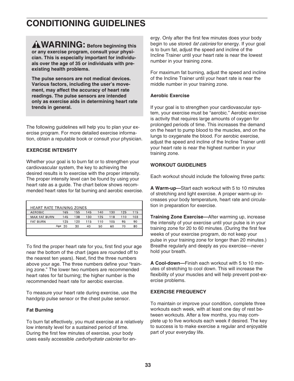 Conditioning guidelines, Warning | NordicTrack NTK1994.0 User Manual | Page 33 / 38