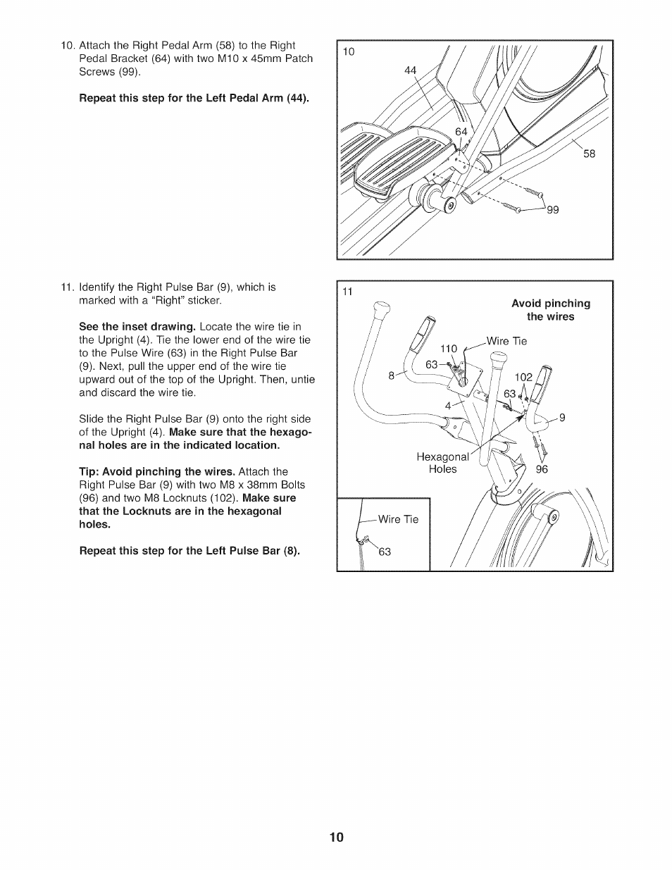 Repeat this step for the left pedal arm (44), Repeat this step for the left pulse bar (8) | NordicTrack NTEL07808.1 User Manual | Page 10 / 28