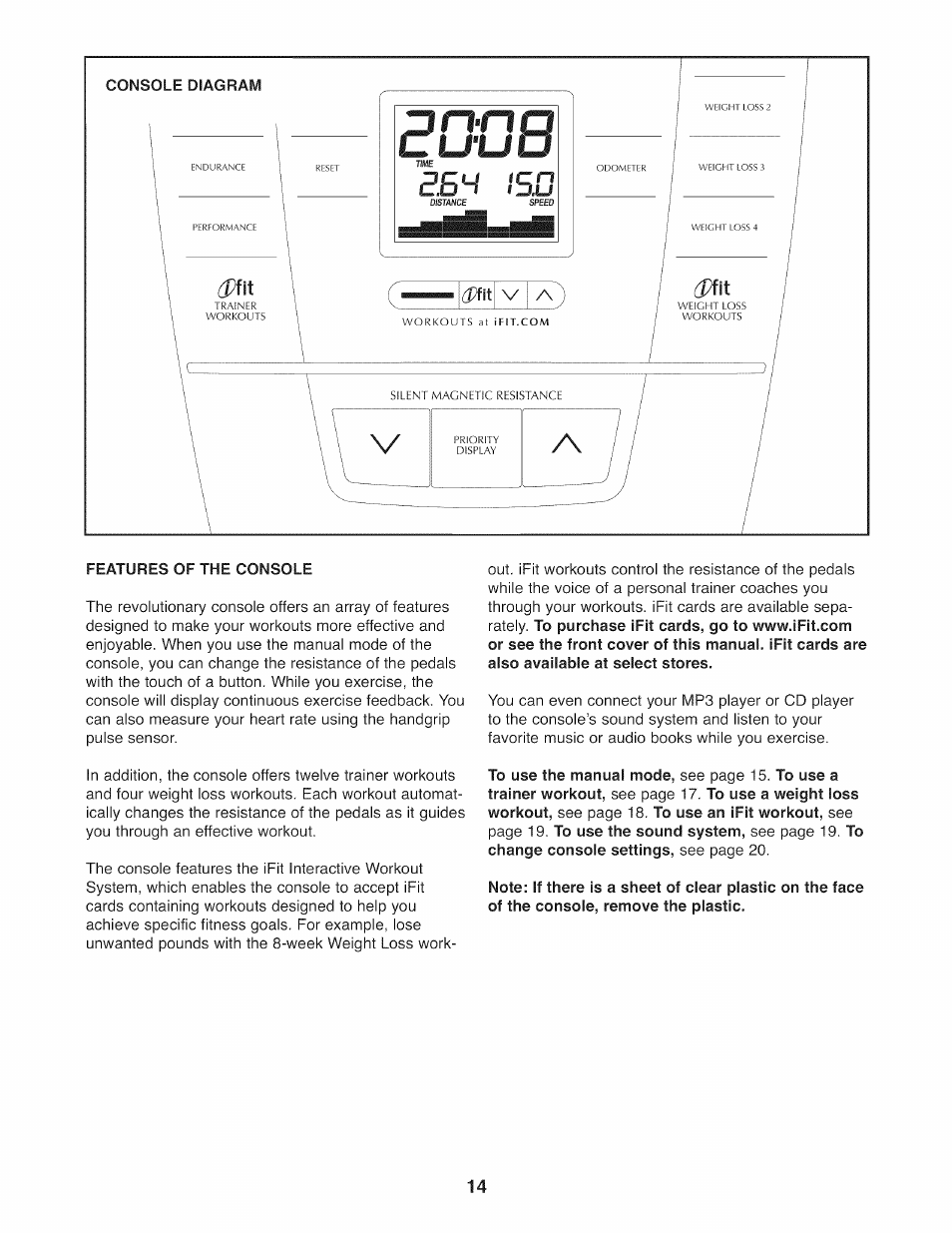 Features of the console, Iods, Eeh i5li | NordicTrack NTEL07808.1 User Manual | Page 14 / 28