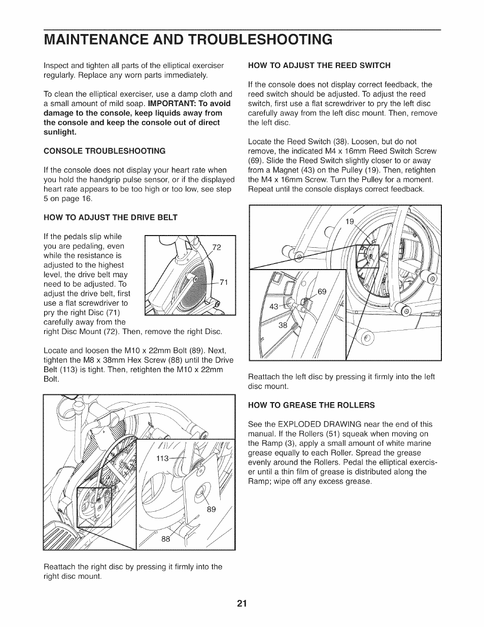 Console troubleshooting, How to adjust the drive belt, How to adjust the reed switch | How to grease the rollers, Maintenance and troubleshooting | NordicTrack NTEL07808.1 User Manual | Page 21 / 28