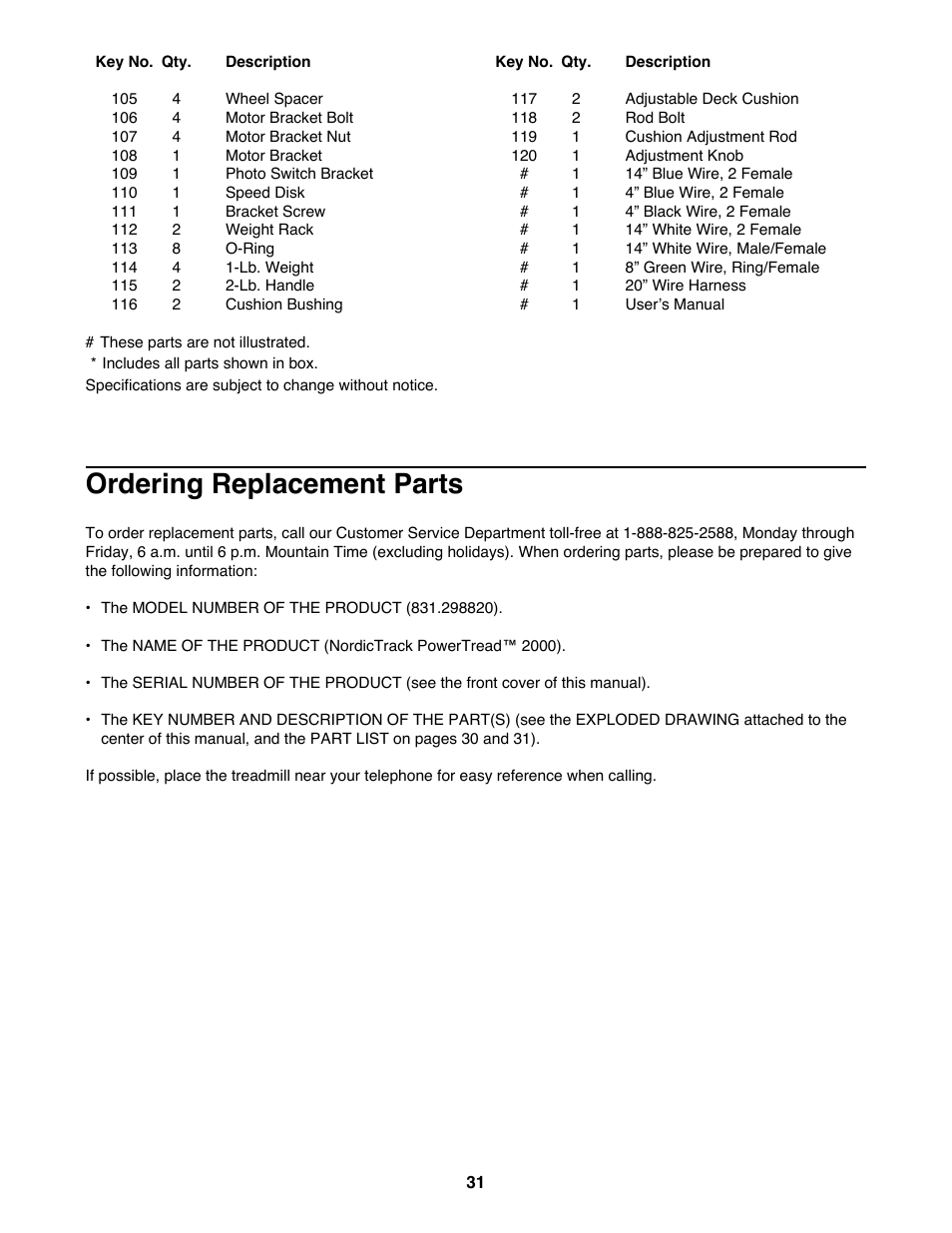 Ordering replacement parts | NordicTrack 2000 User Manual | Page 31 / 34