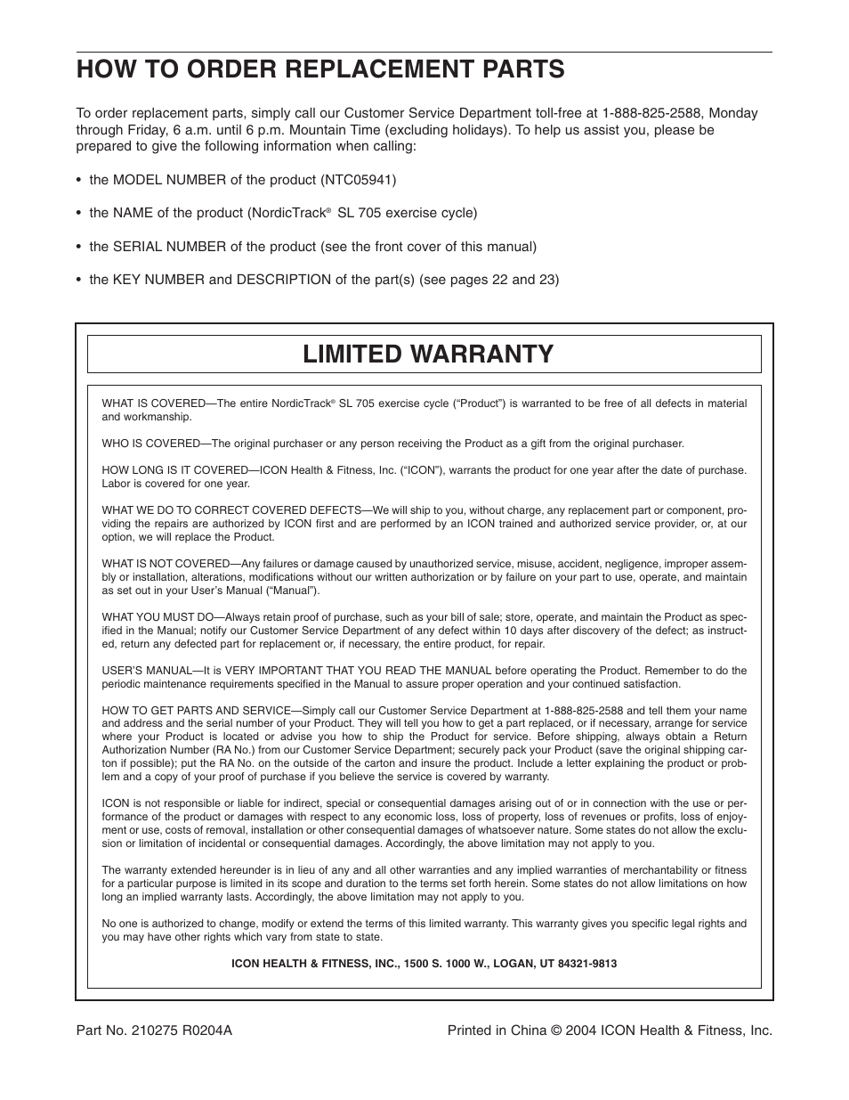 How to order replacement parts, Limited warranty | NordicTrack NTC05941 User Manual | Page 24 / 24