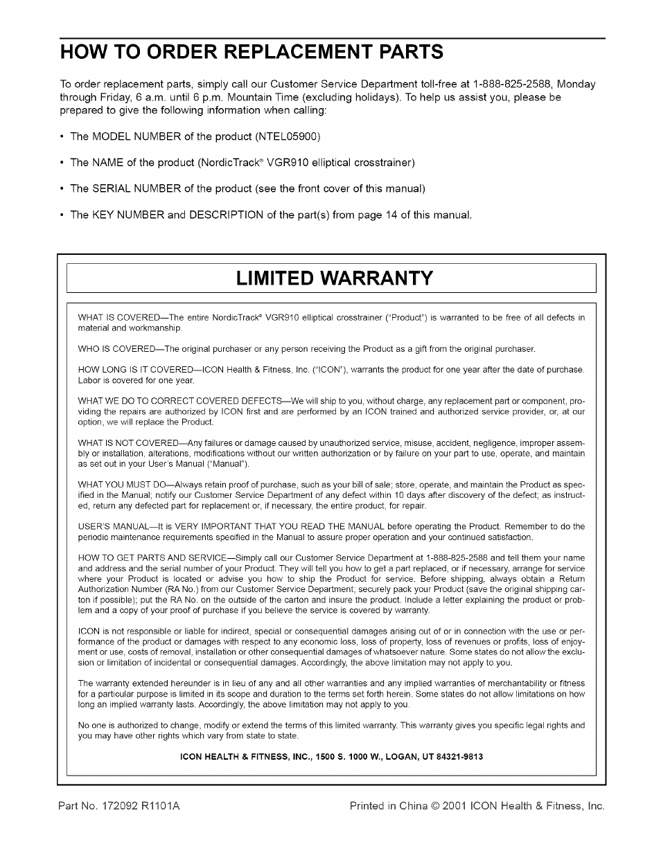 How to order replacement parts, Limited warranty | NordicTrack NTEL05900 User Manual | Page 16 / 16