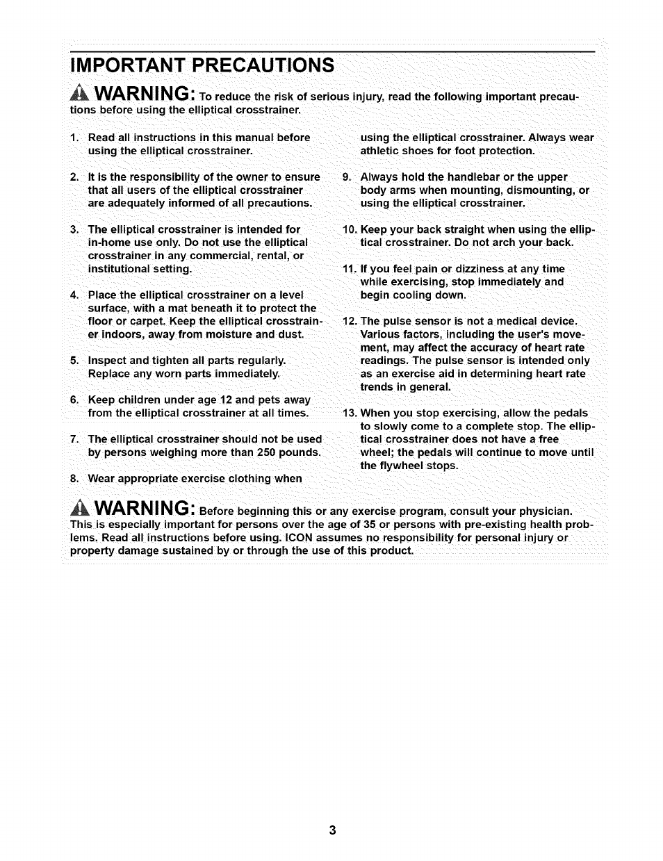 Important precautions, Important precautions warning, Warning | NordicTrack NTEL05900 User Manual | Page 3 / 16