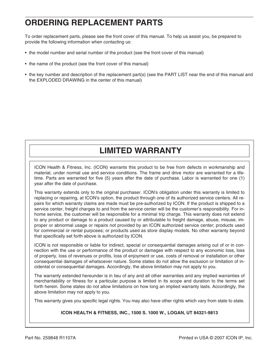 Limited warranty, Ordering replacement parts | NordicTrack ELITE NTL15007.0 User Manual | Page 34 / 34
