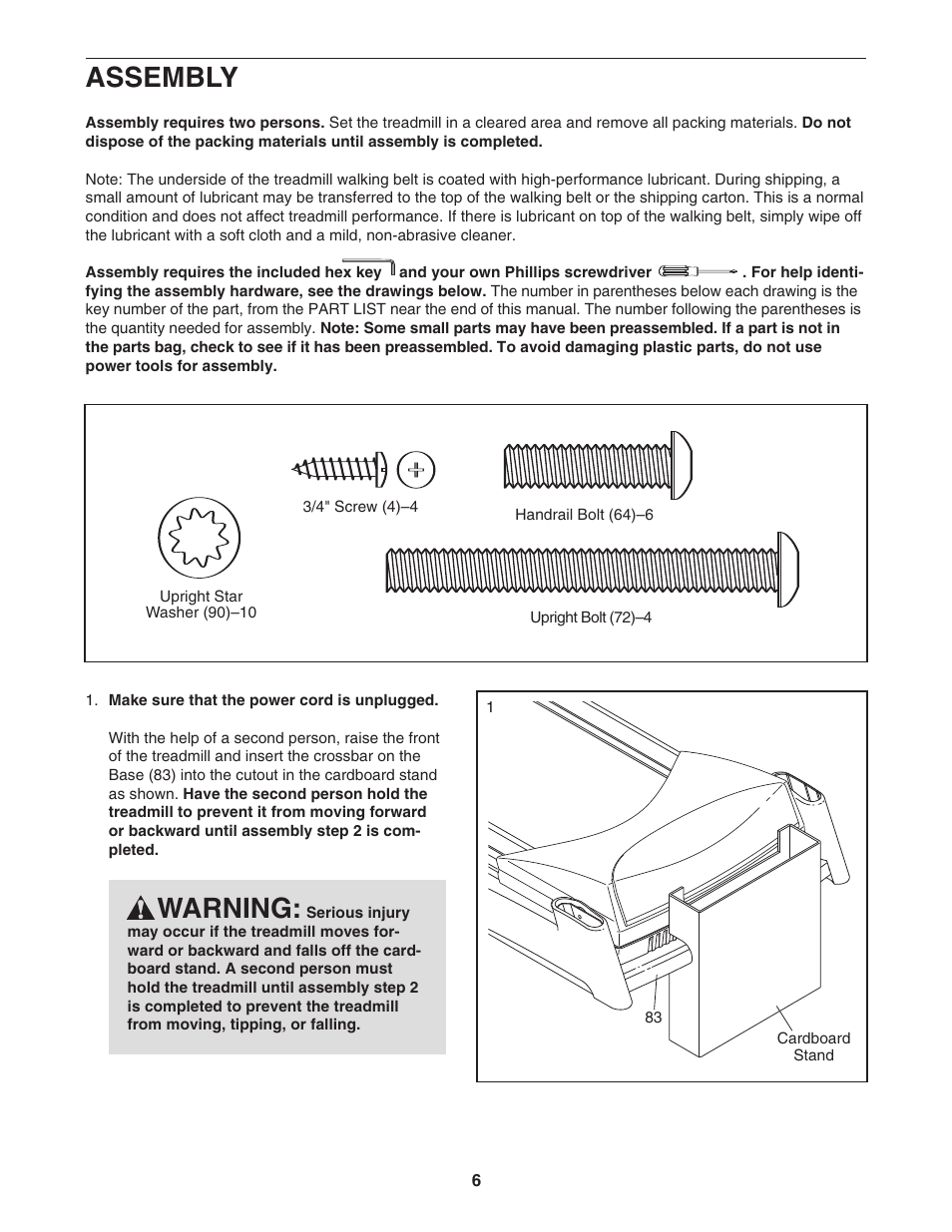 Assembly, Warning | NordicTrack ELITE NTL15007.0 User Manual | Page 6 / 34