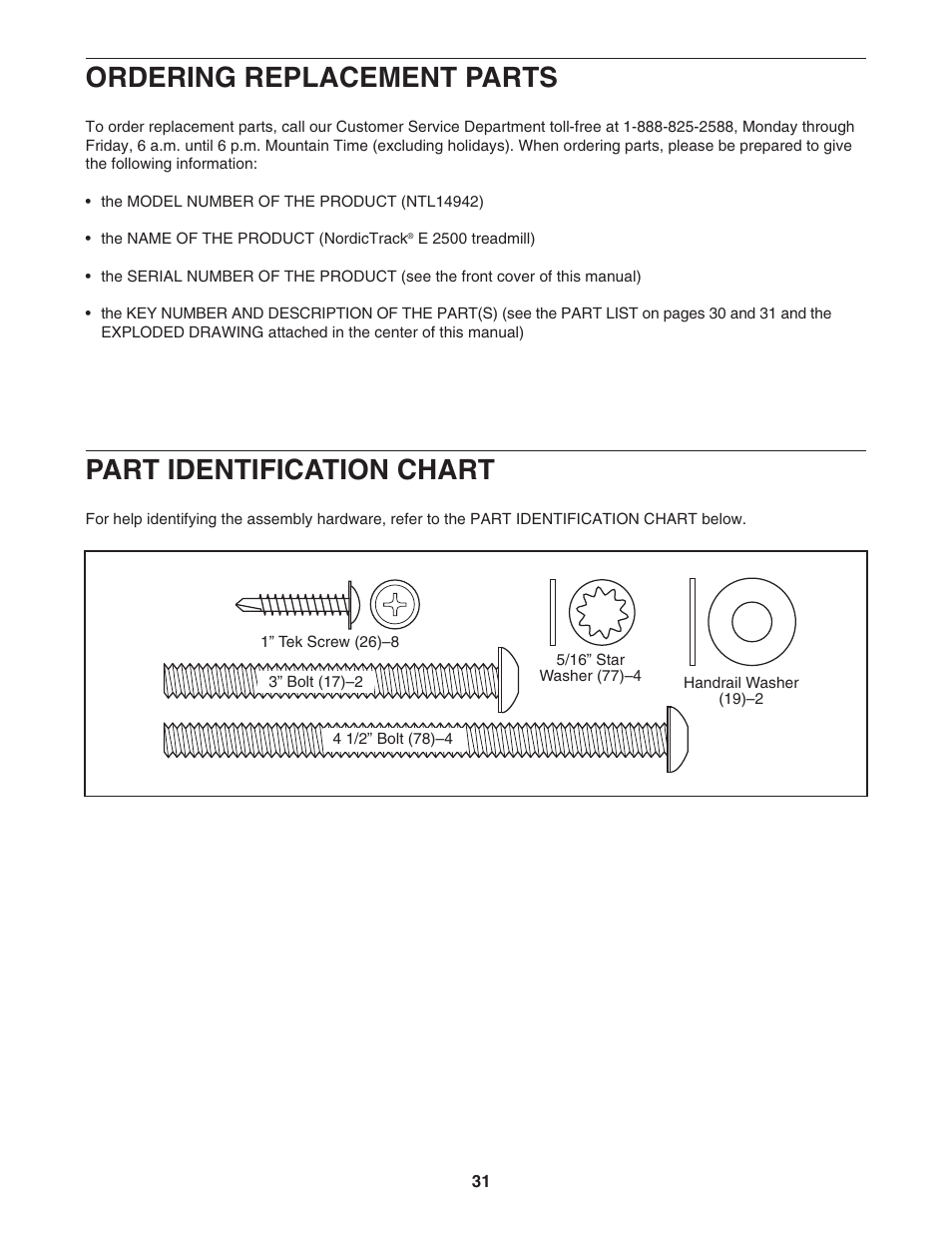 Ordering replacement parts, Part identification chart | NordicTrack E 2500 NTL14942 User Manual | Page 31 / 34