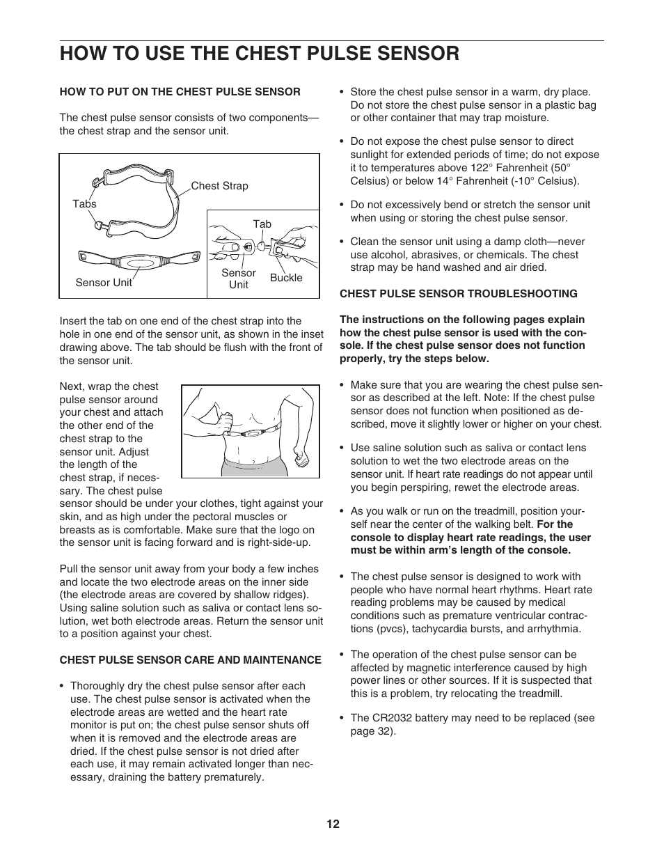How to use the chest pulse sensor | NordicTrack ELITE NTL21905.0 User Manual | Page 12 / 38