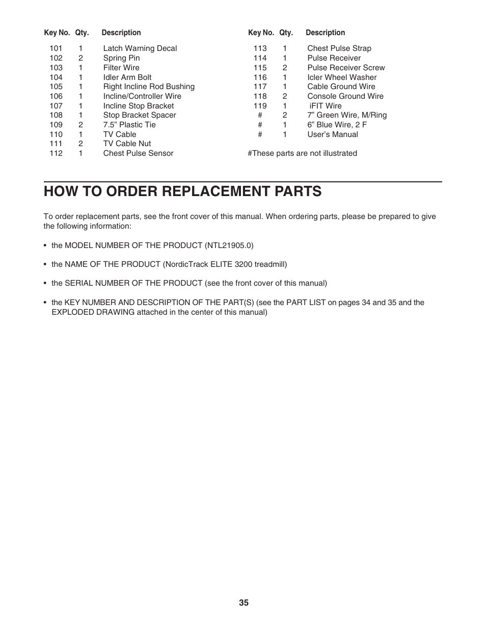 How to order replacement parts | NordicTrack ELITE NTL21905.0 User Manual | Page 35 / 38