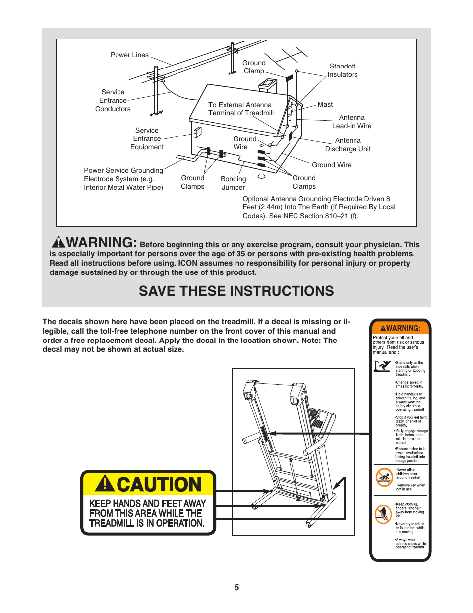 Warning, Save these instructions | NordicTrack ELITE NTL21905.0 User Manual | Page 5 / 38