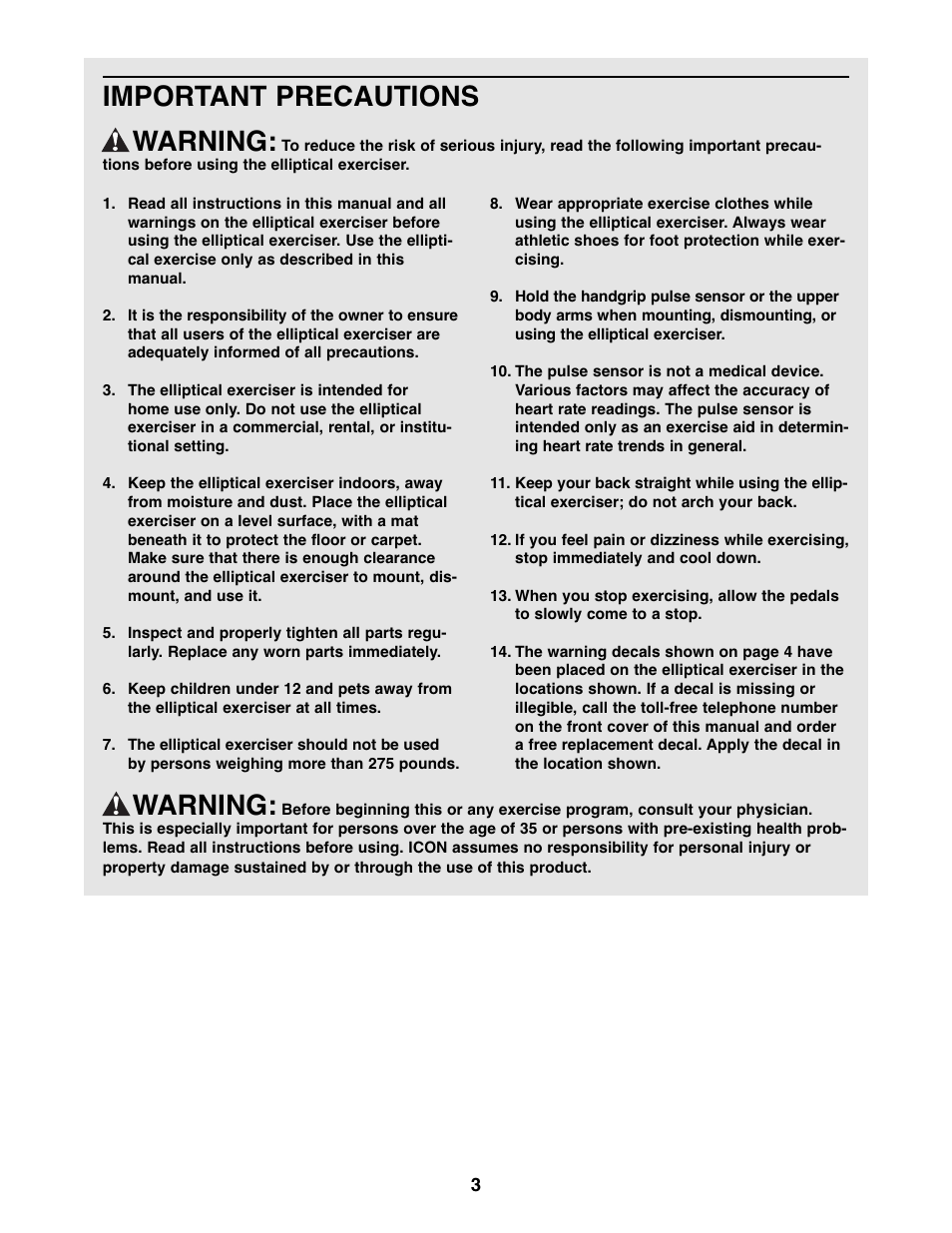 Important precautions warning, Warning | NordicTrack Audiostrider NTEL7506.1 User Manual | Page 3 / 28