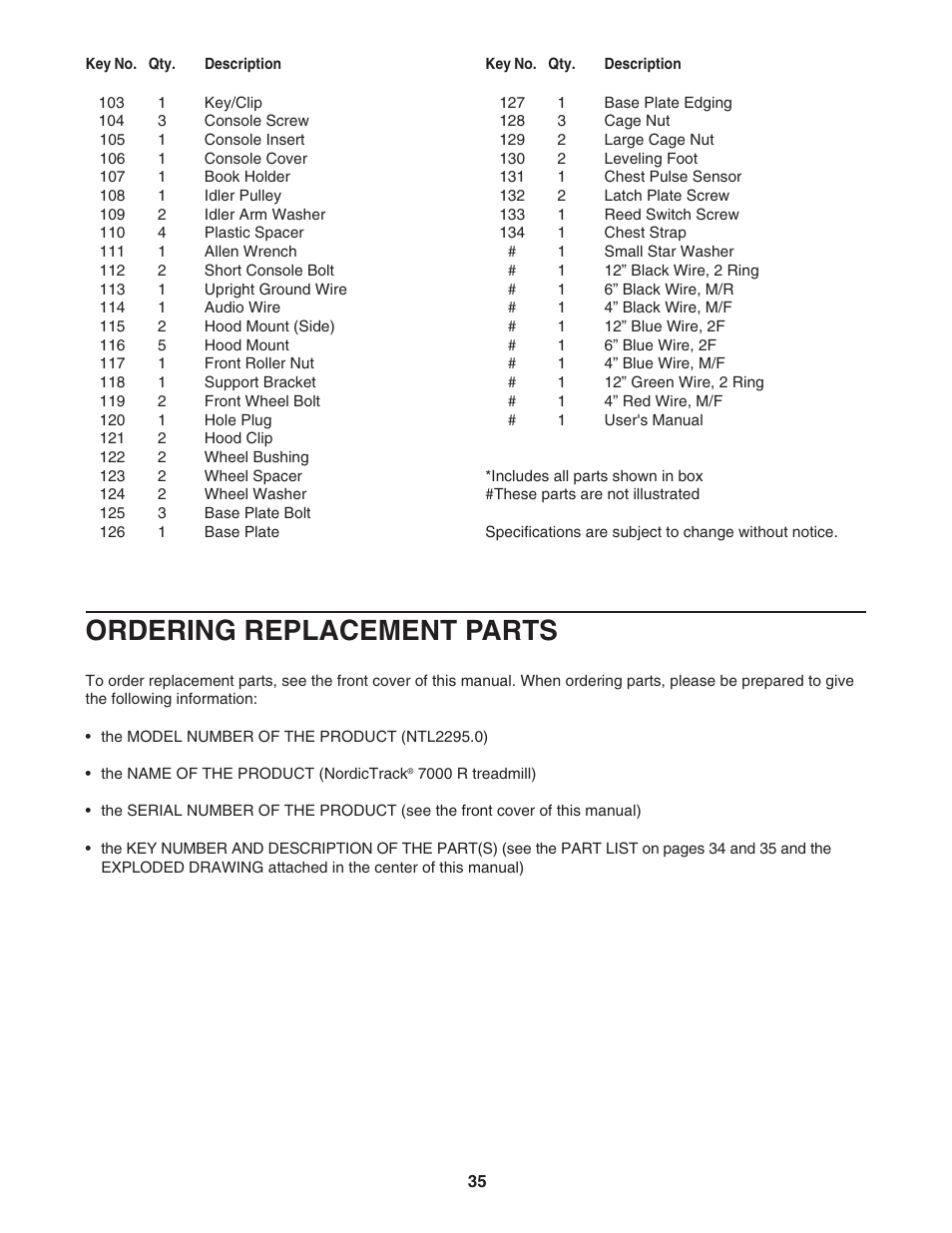 Ordering replacement parts | NordicTrack NTL2295.0 User Manual | Page 35 / 38