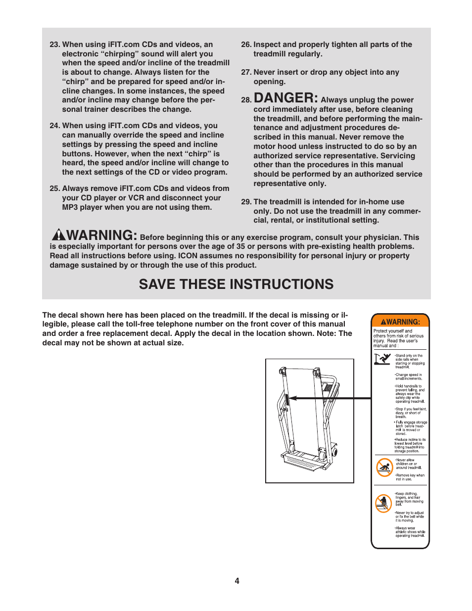 Danger, Warning, Save these instructions | NordicTrack NTL2295.0 User Manual | Page 4 / 38