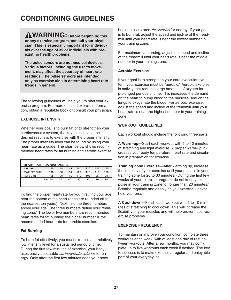 Conditioning guidelines, Warning | NordicTrack NTL27005.0 User Manual | Page 27 / 34