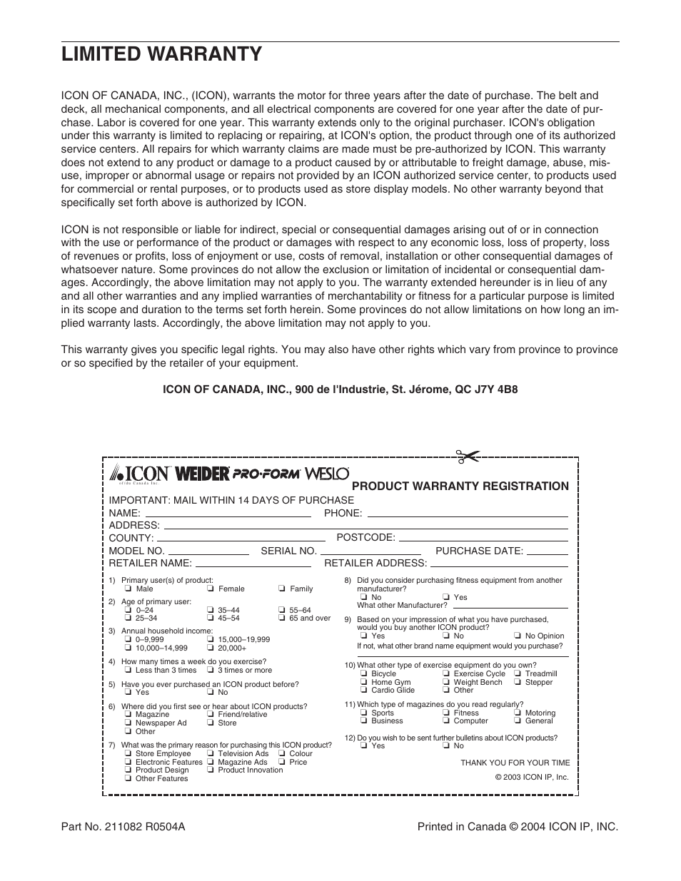 Limited warranty, Product warranty registration | NordicTrack NCTL10840 User Manual | Page 32 / 34
