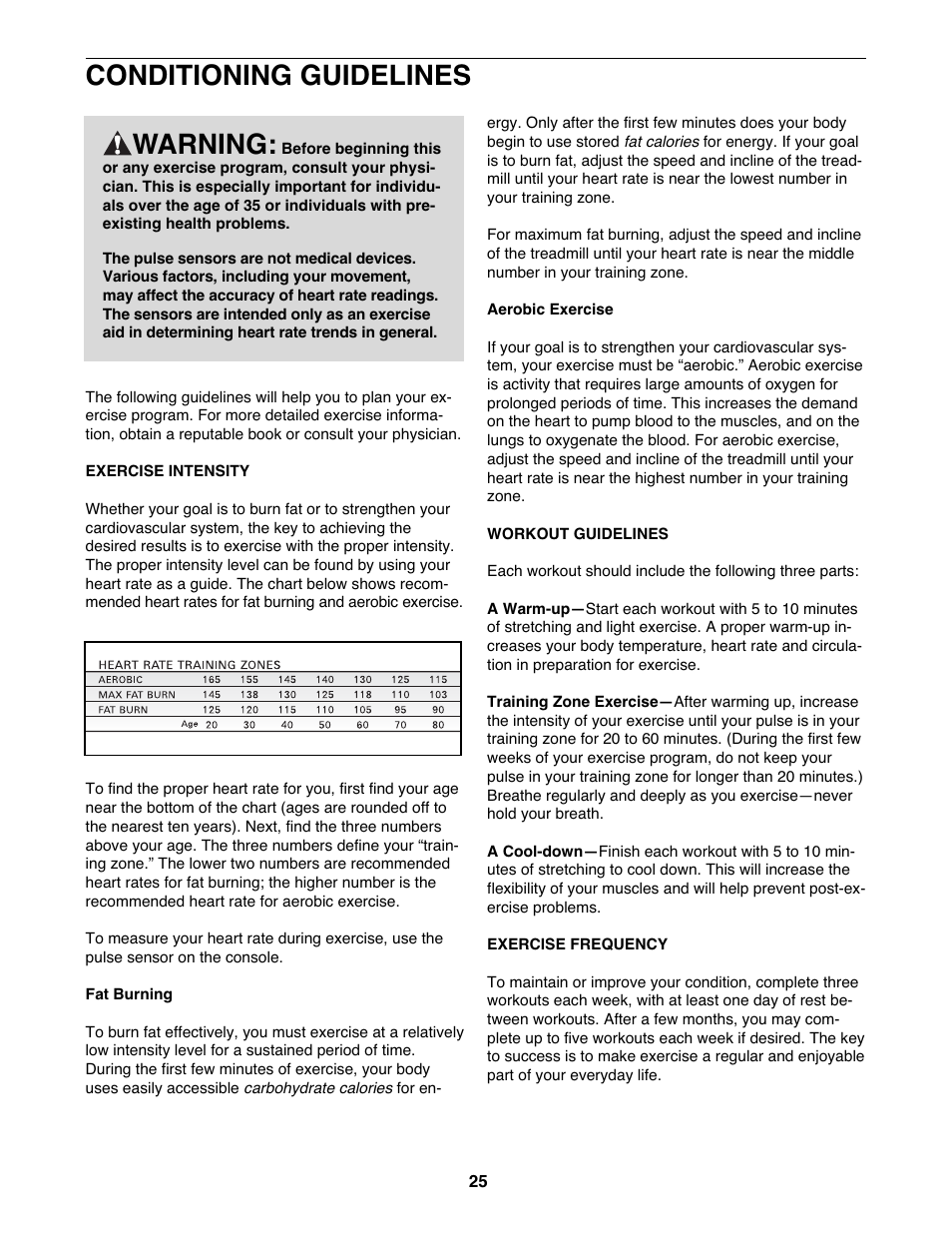 Conditioning guidelines, Warning | NordicTrack NTL15907.0 User Manual | Page 25 / 32