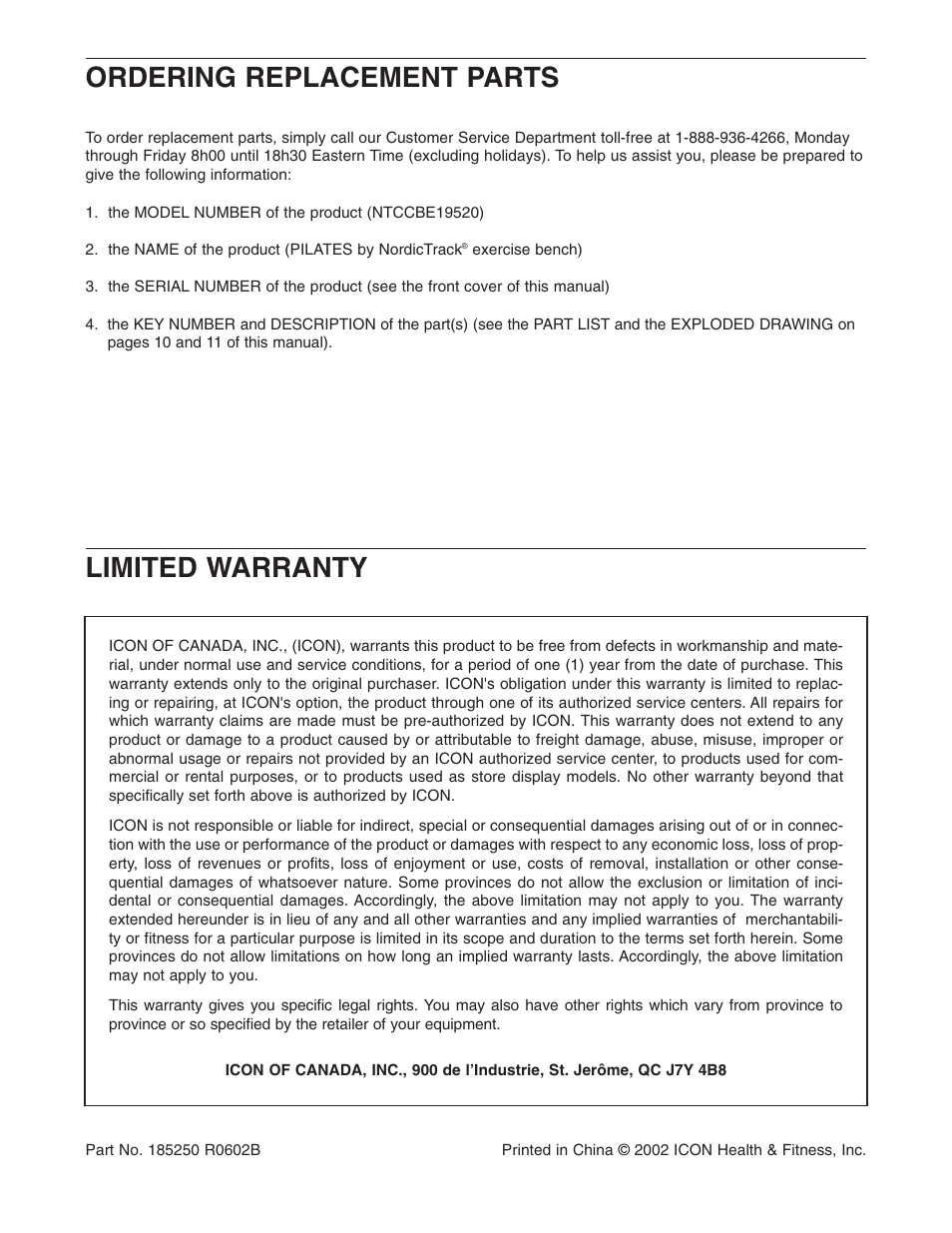 Limited warranty, Ordering replacement parts | NordicTrack NTCCBE19520 User Manual | Page 12 / 12