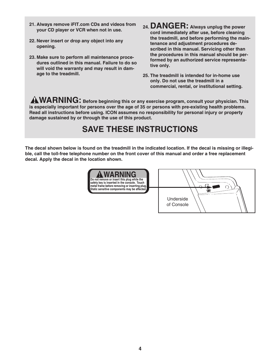 Danger, Warning, Save these instructions | NordicTrack NTL29105.0 User Manual | Page 4 / 32