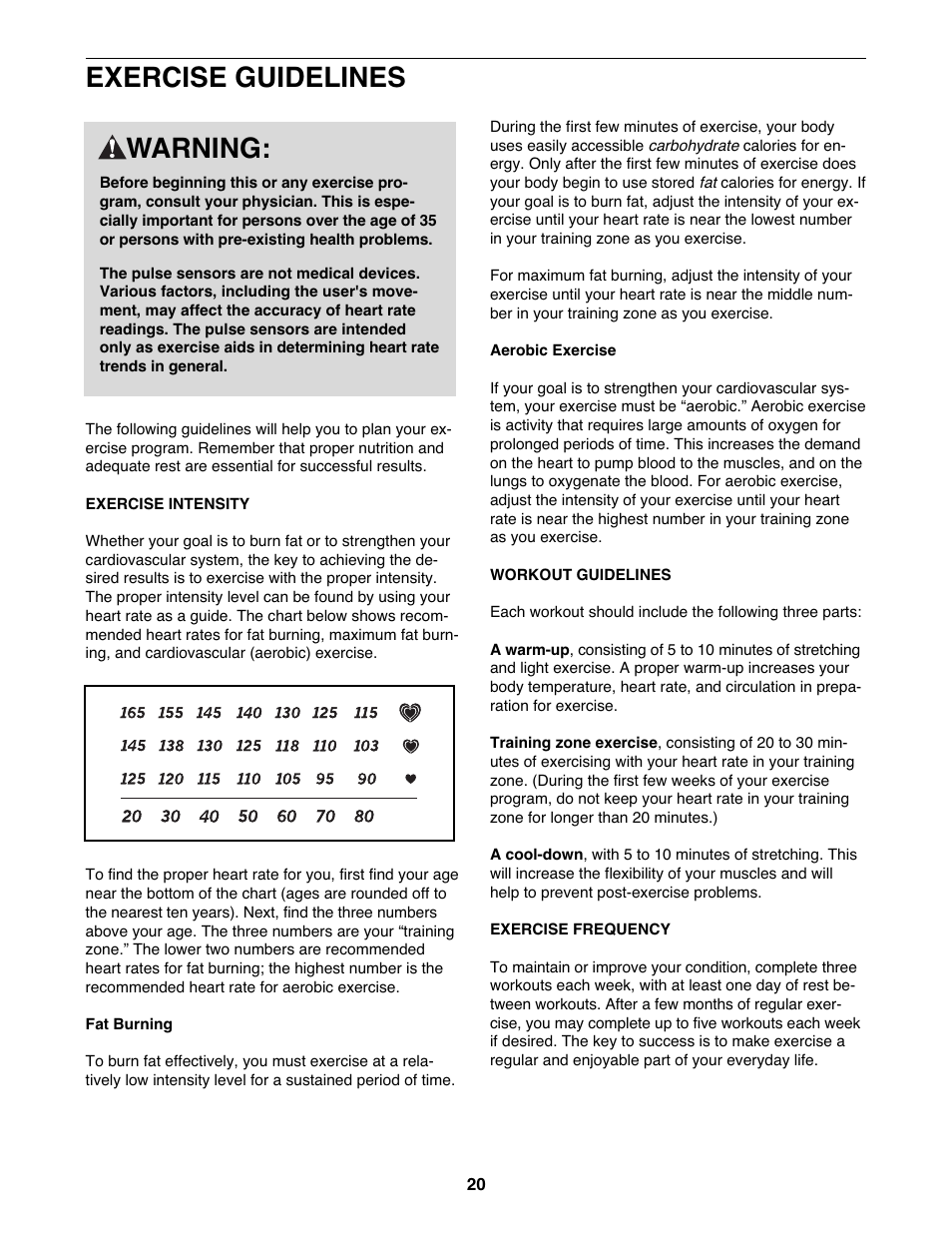 Warning, Exercise guidelines | NordicTrack NTEL4255.2 User Manual | Page 20 / 28