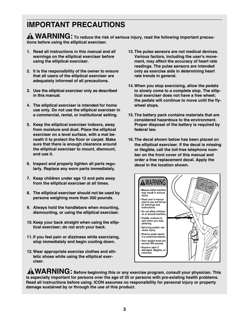 Warning, Important precautions warning | NordicTrack NTEL4255.2 User Manual | Page 3 / 28