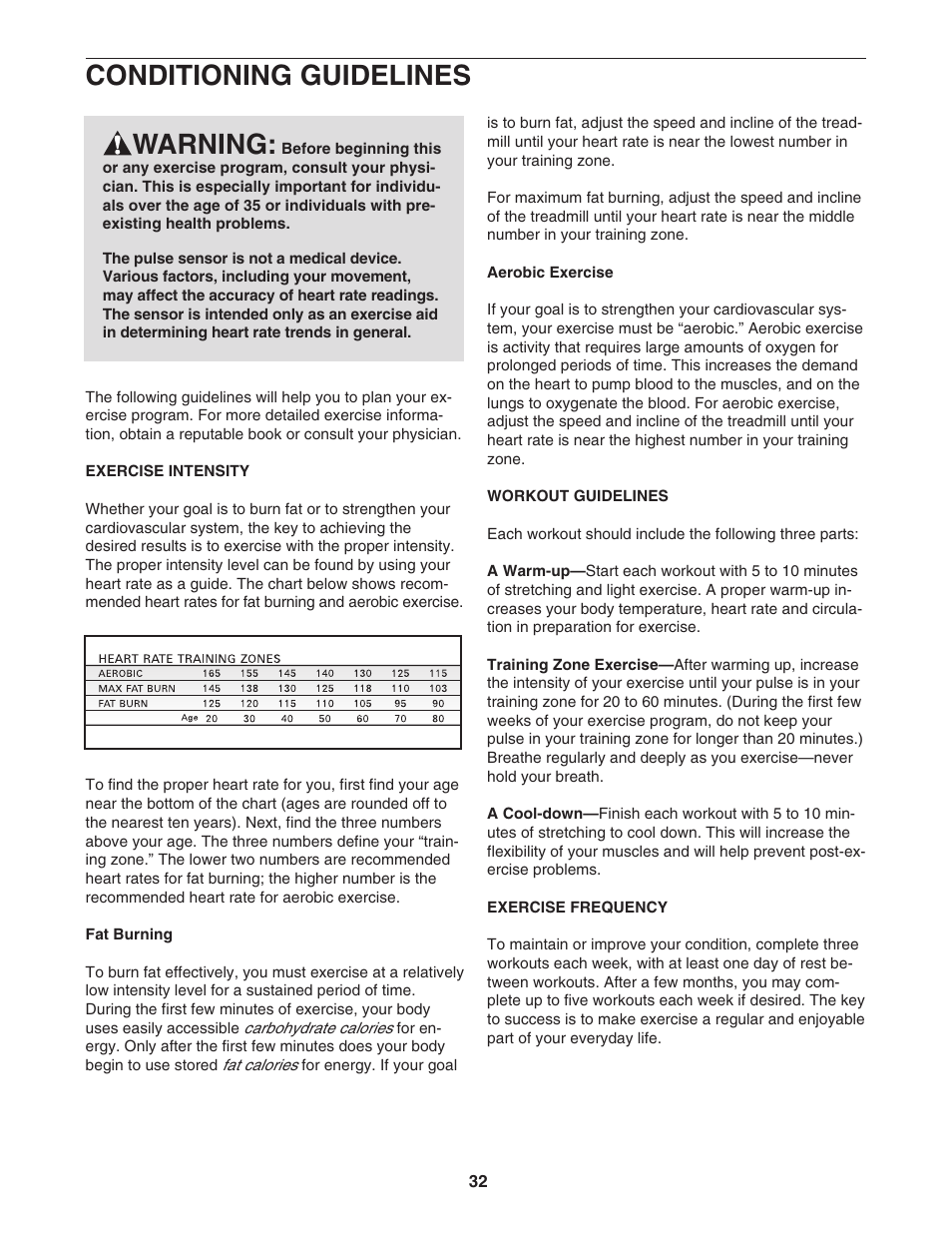 Conditioning guidelines, Warning | NordicTrack NTL12905.4 User Manual | Page 32 / 38
