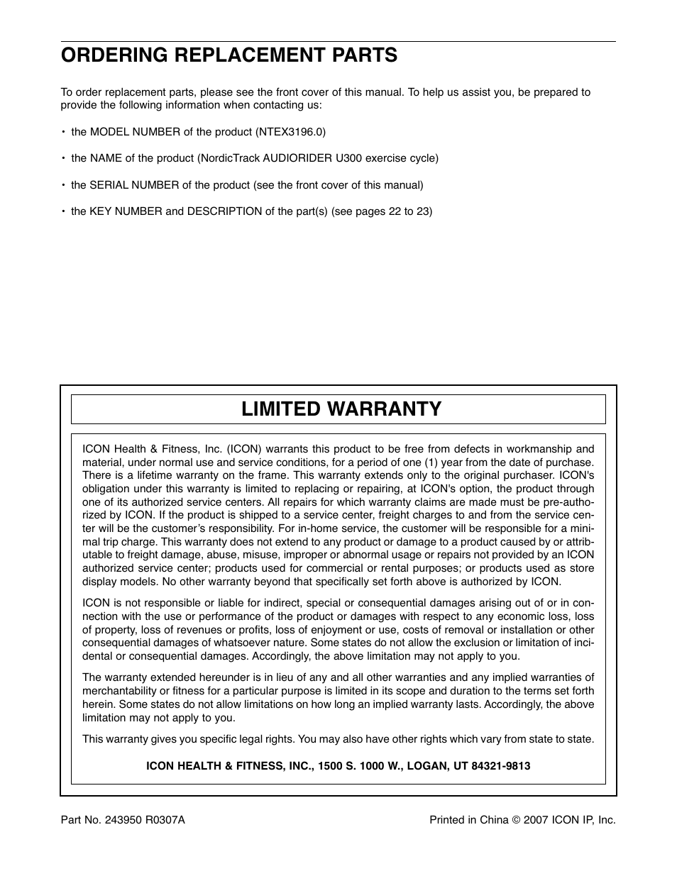 Ordering replacement parts limited warranty | NordicTrack U300 NTEX3196.0 User Manual | Page 24 / 24