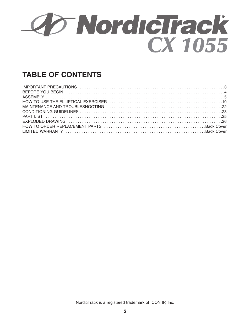 NordicTrack CX 1055 elliptical exerciser 30508.0 User Manual | Page 2 / 28