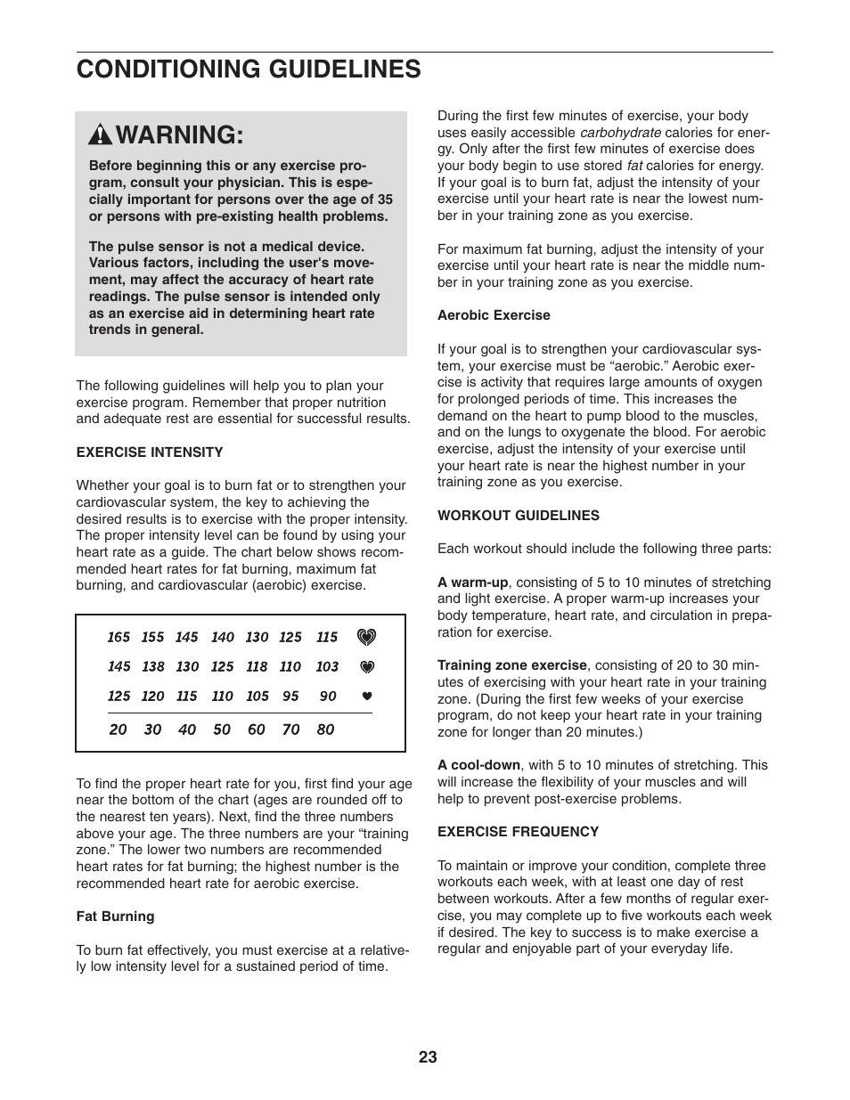 Conditioning guidelines, Warning | NordicTrack CX 1055 elliptical exerciser 30508.0 User Manual | Page 23 / 28