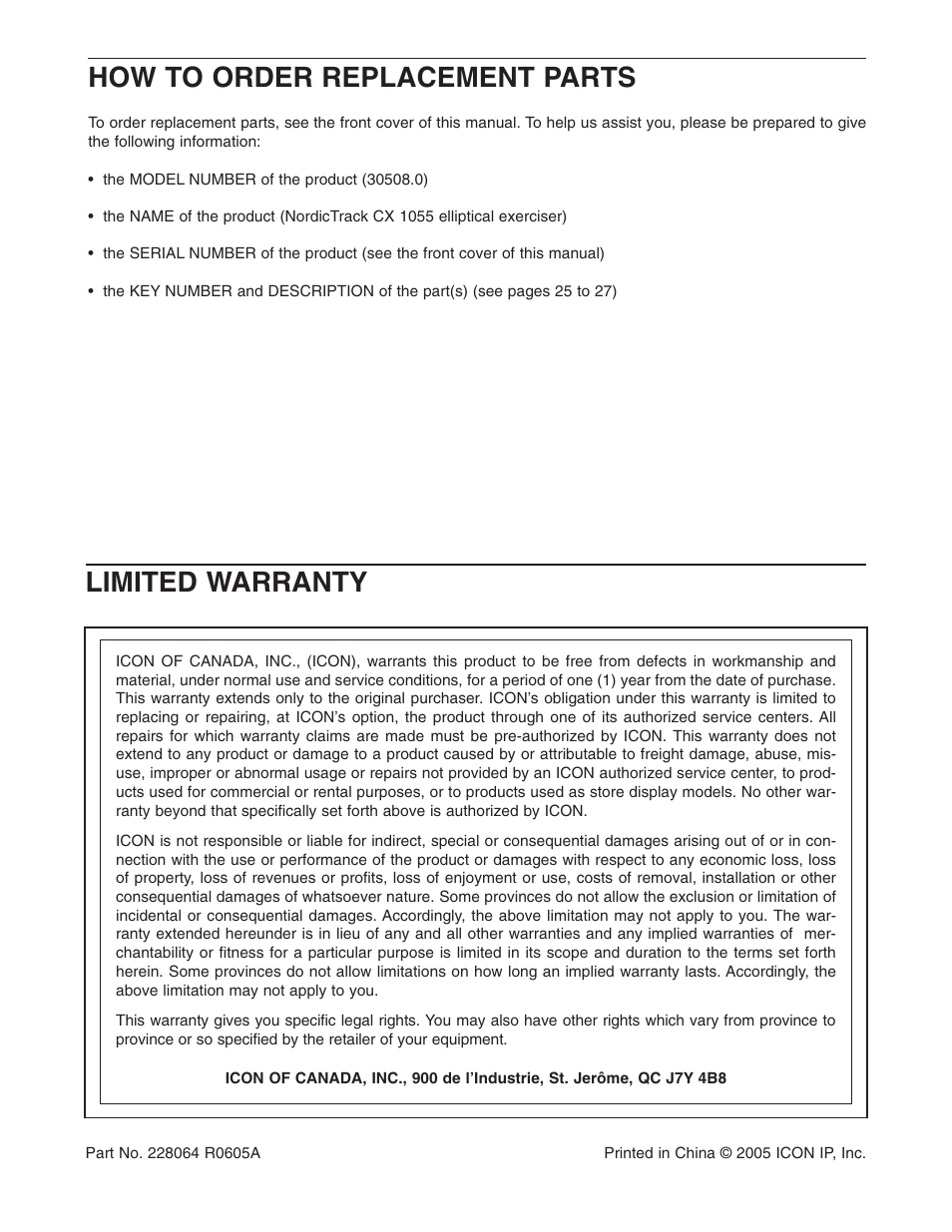 How to order replacement parts, Limited warranty | NordicTrack CX 1055 elliptical exerciser 30508.0 User Manual | Page 28 / 28