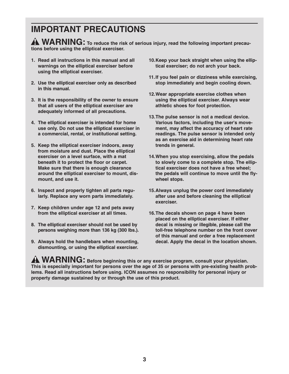 Important precautions warning, Warning | NordicTrack CX 1055 elliptical exerciser 30508.0 User Manual | Page 3 / 28