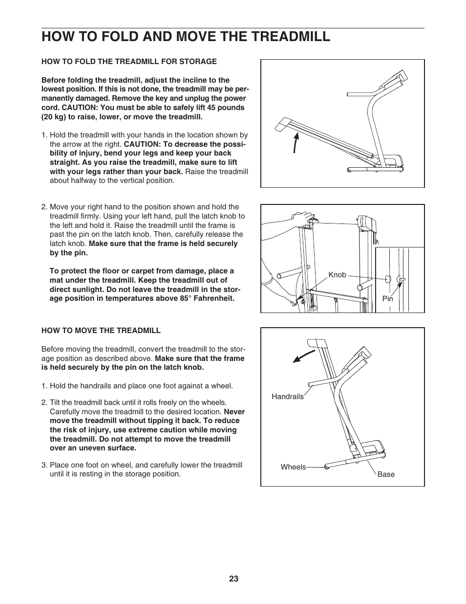 How to fold and move the treadmill | NordicTrack C2100 NTL1075.1 User Manual | Page 23 / 34