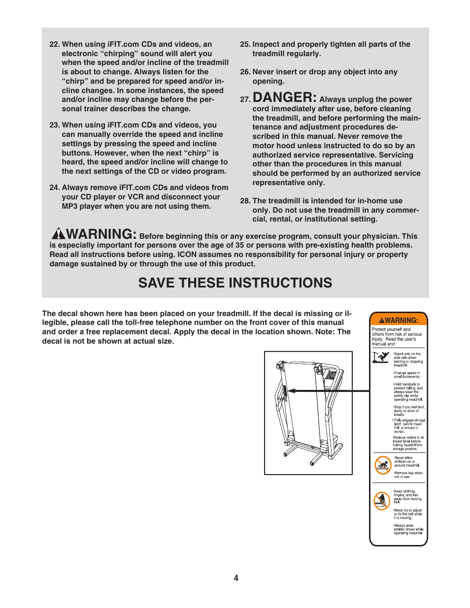 Danger, Warning, Save these instructions | NordicTrack NTL1895.1 User Manual | Page 4 / 38