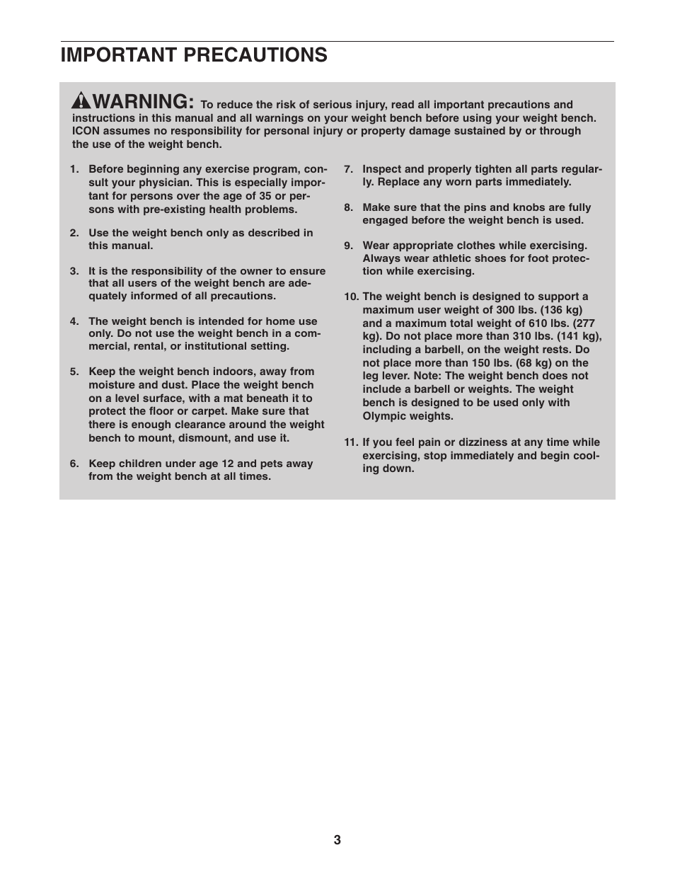 Warning, Important precautions | NordicTrack Competition 831.15718.0 User Manual | Page 3 / 20