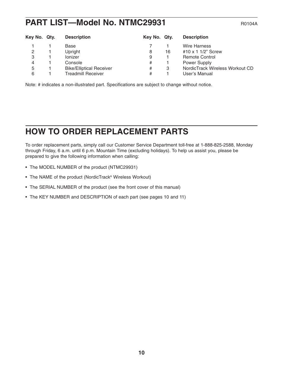 How to order replacement parts | NordicTrack NTMC29931 User Manual | Page 10 / 12