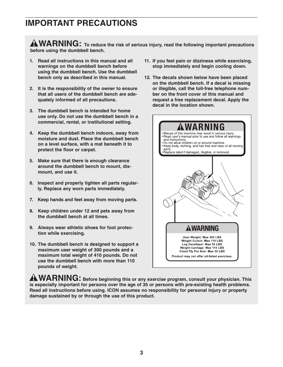 Warning, Important precautions warning | NordicTrack E 200 NTBE1506.0 User Manual | Page 3 / 12