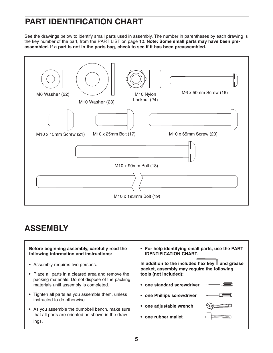 Part identification chart, Assembly | NordicTrack E 200 NTBE1506.0 User Manual | Page 5 / 12