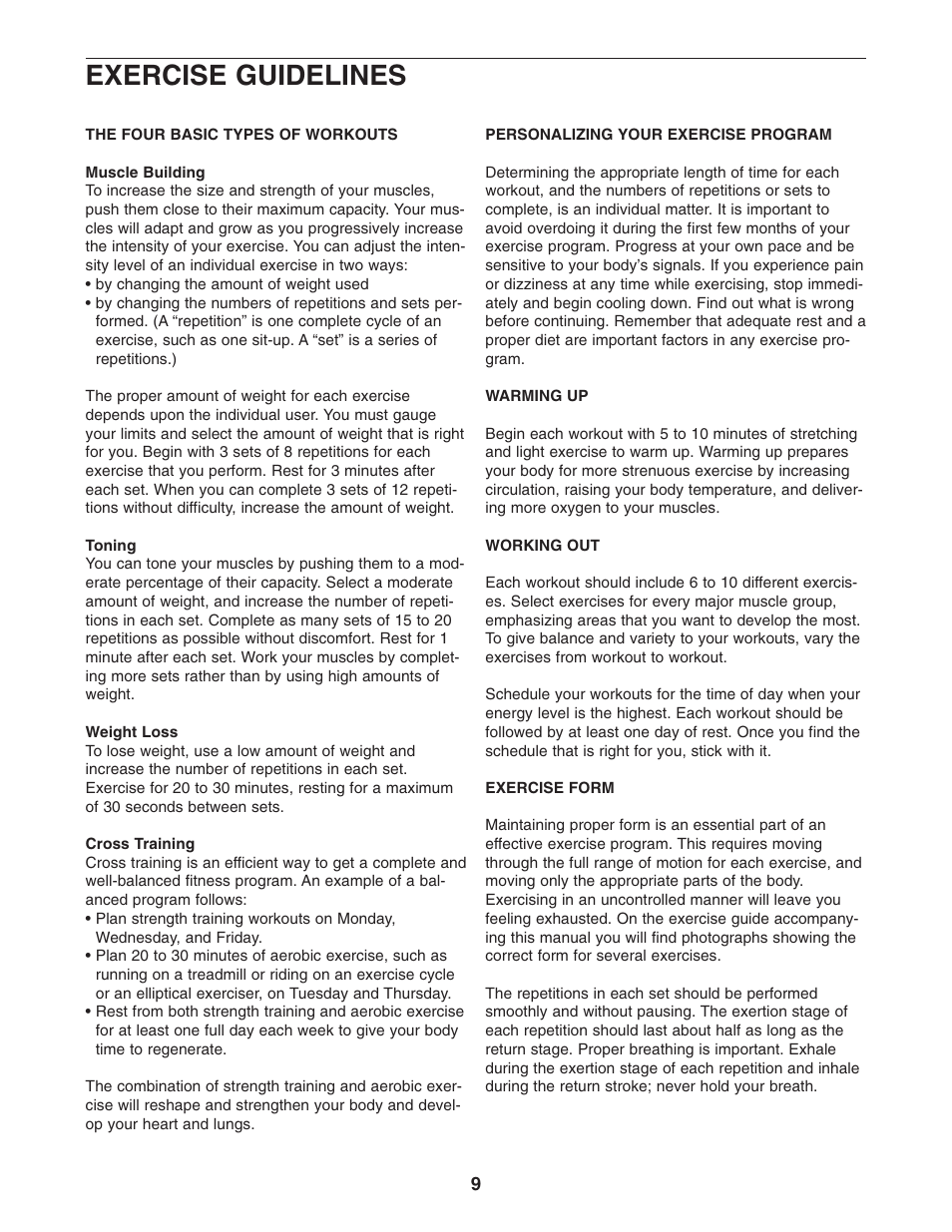 Exercise guidelines | NordicTrack E 200 NTBE1506.0 User Manual | Page 9 / 12