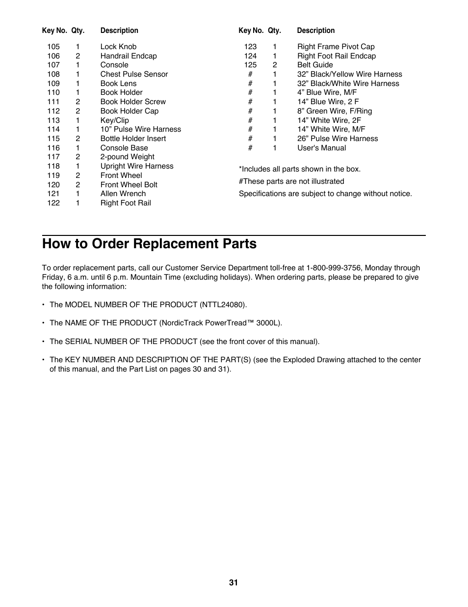 How to order replacement parts | NordicTrack NTTL24080 User Manual | Page 31 / 34