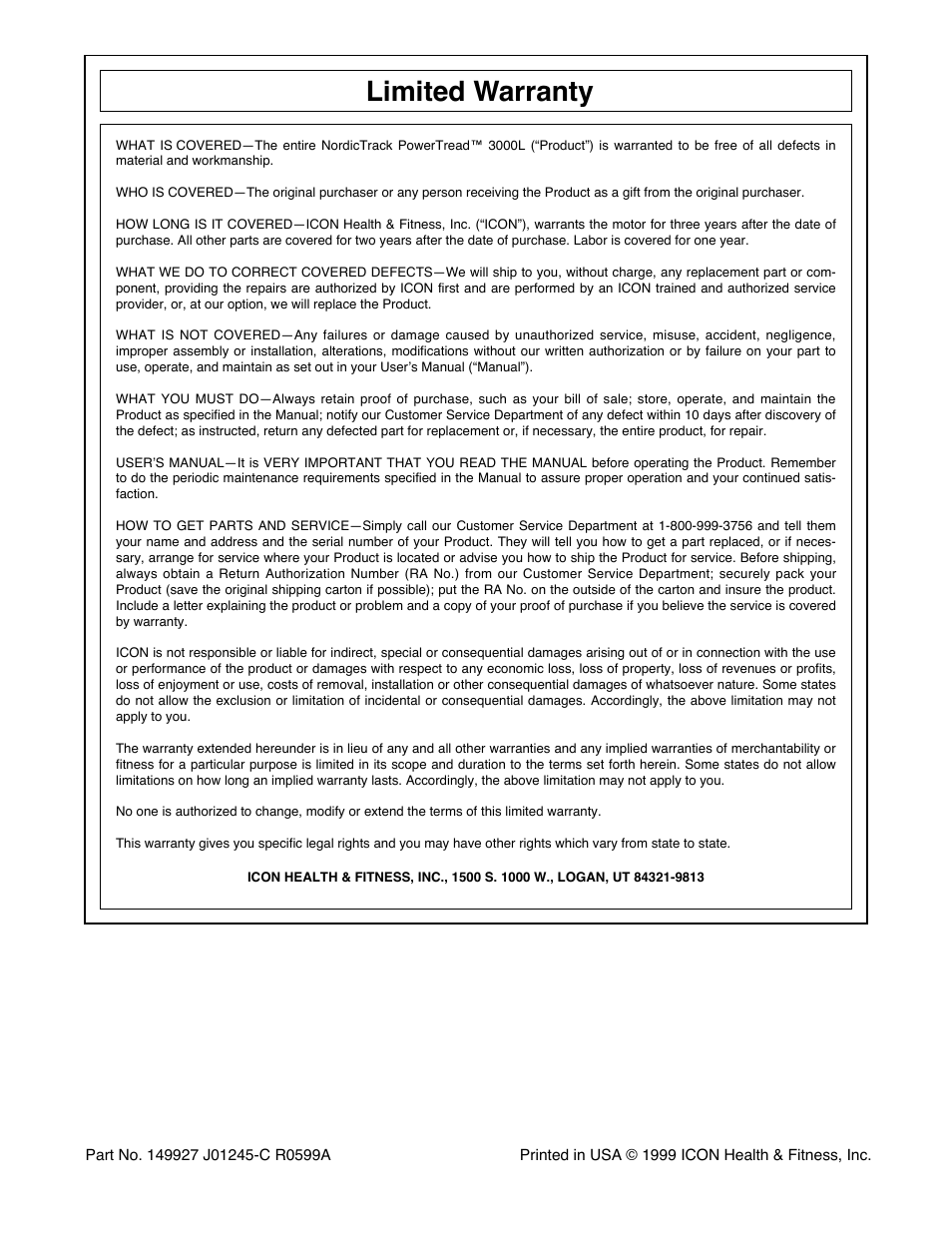 Limited warranty | NordicTrack NTTL24080 User Manual | Page 34 / 34