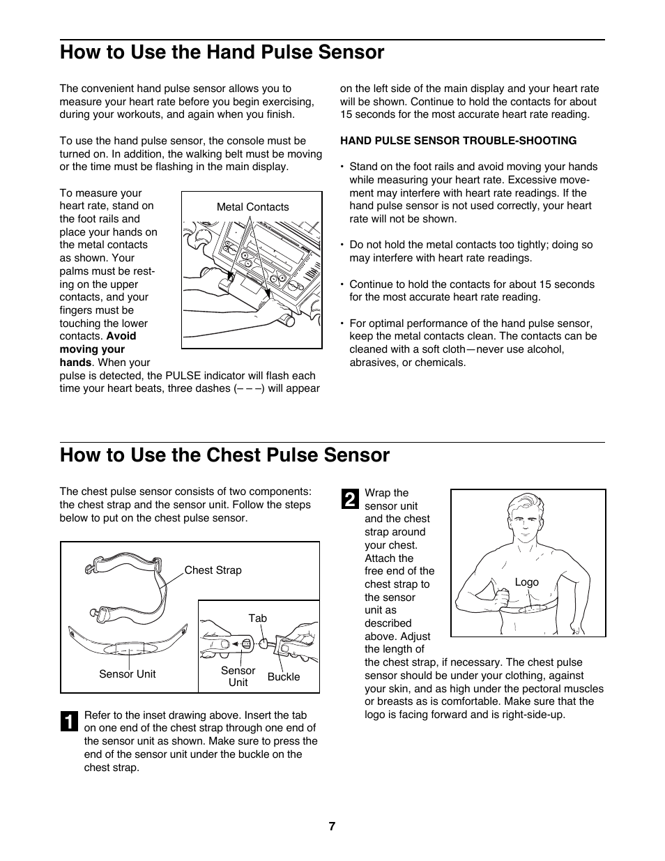 How to use the chest pulse sensor, How to use the hand pulse sensor | NordicTrack NTTL24080 User Manual | Page 7 / 34