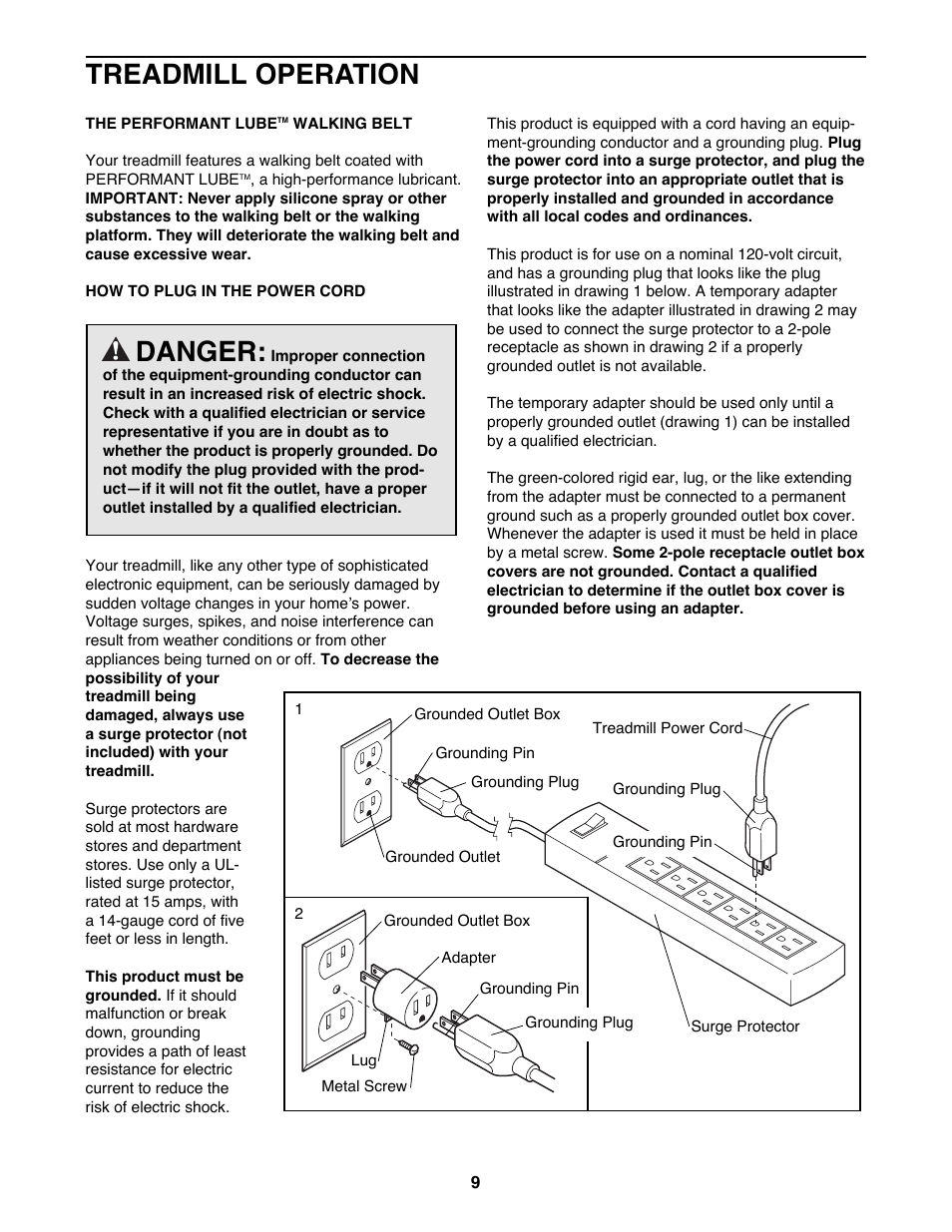 Treadmill operation, Danger | NordicTrack NTTL24080 User Manual | Page 9 / 34