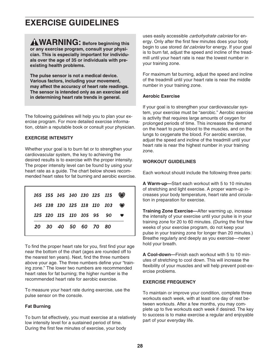 Exercise guidelines, Warning | NordicTrack APEX 6500 30705.0 User Manual | Page 28 / 36