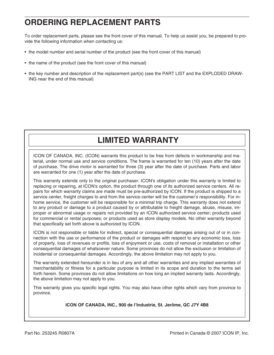 Limited warranty, Ordering replacement parts | NordicTrack APEX 6500 30705.0 User Manual | Page 36 / 36