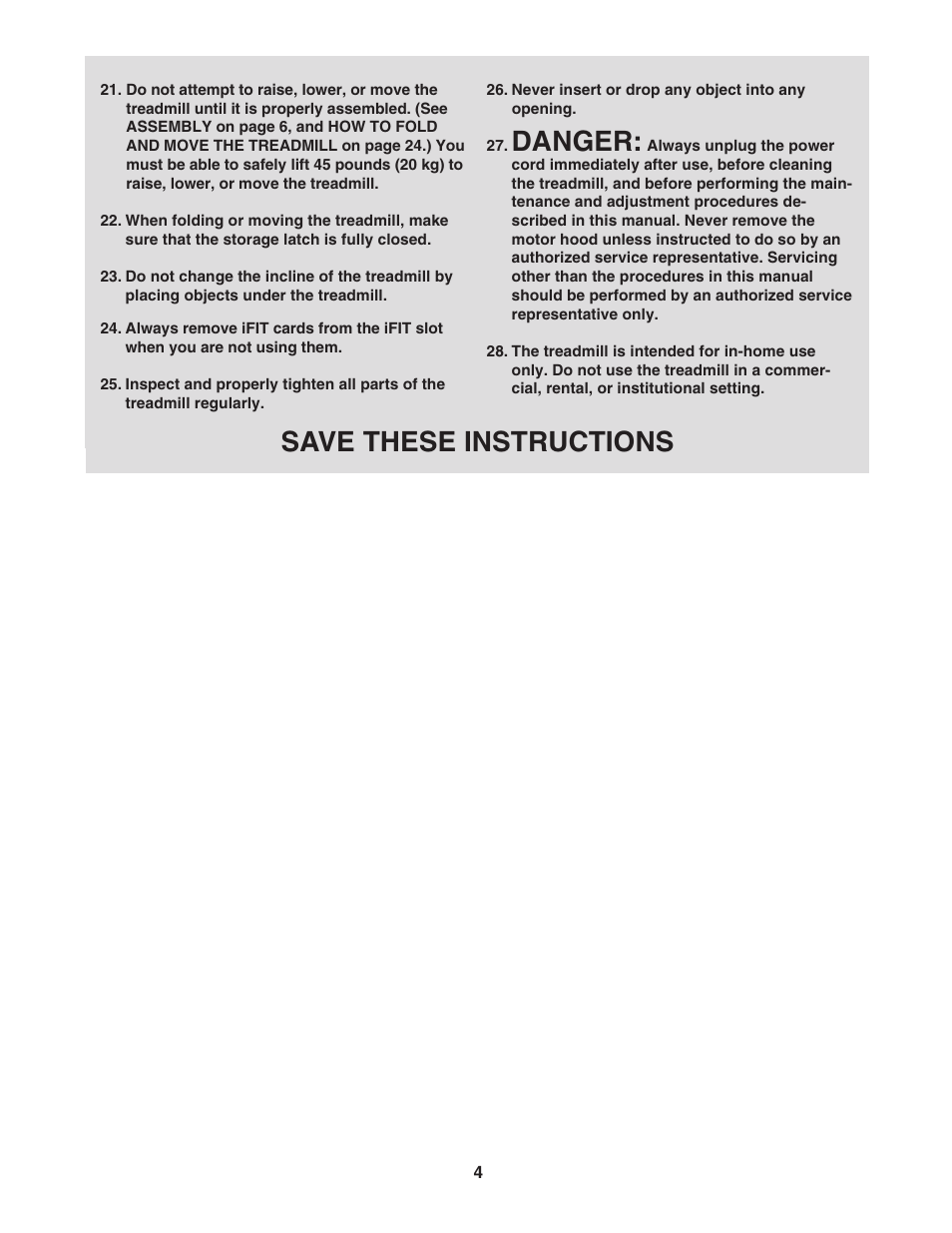 Danger, Save these instructions | NordicTrack APEX 6500 30705.0 User Manual | Page 4 / 36