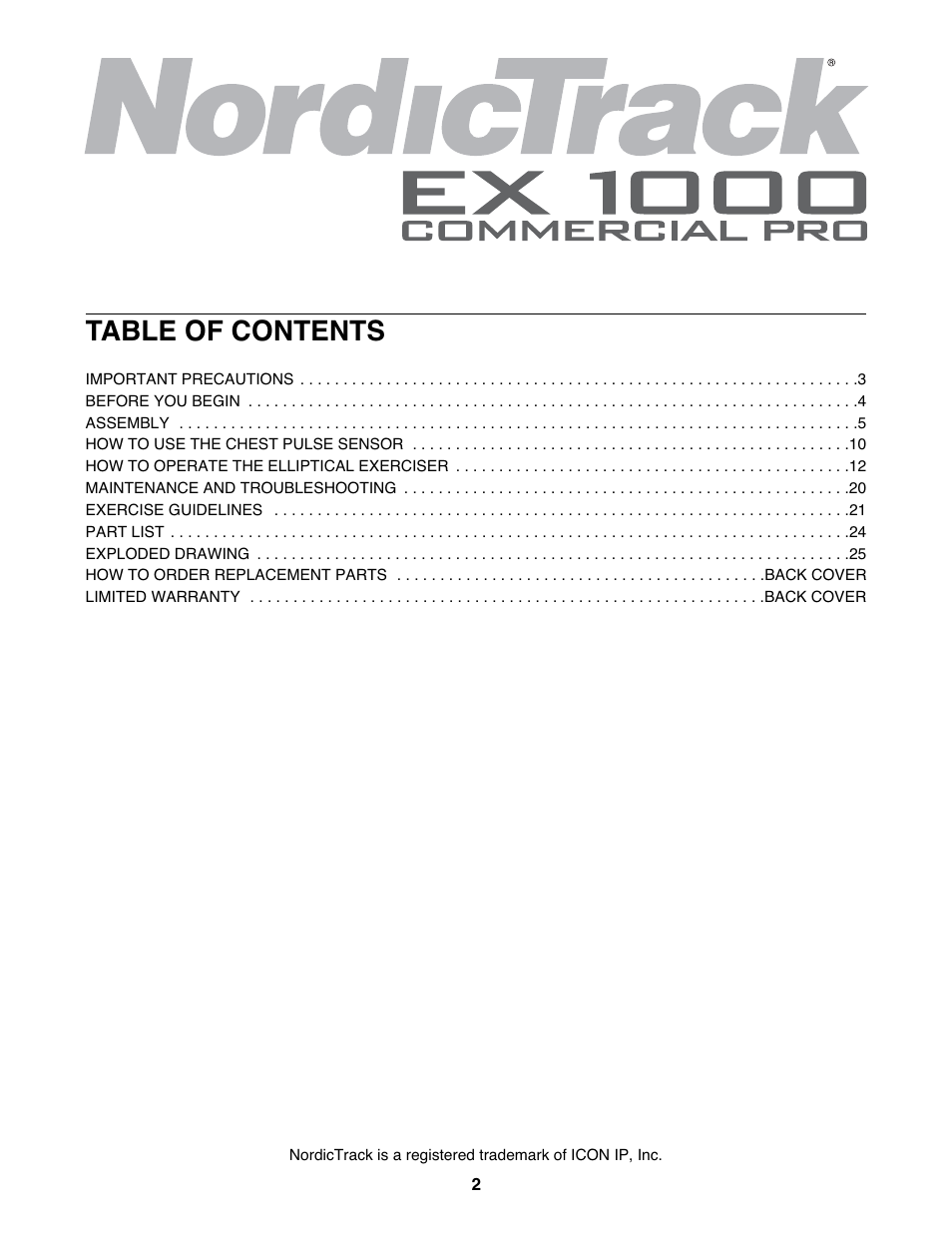 NordicTrack EX 1000 NTEL4255.1 User Manual | Page 2 / 28