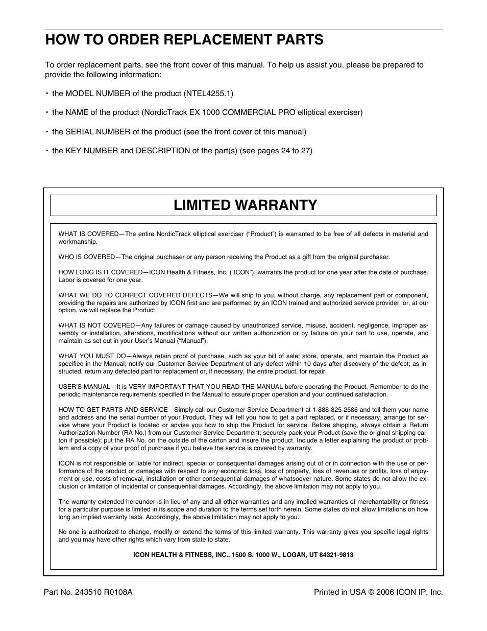 How to order replacement parts, Limited warranty | NordicTrack EX 1000 NTEL4255.1 User Manual | Page 28 / 28