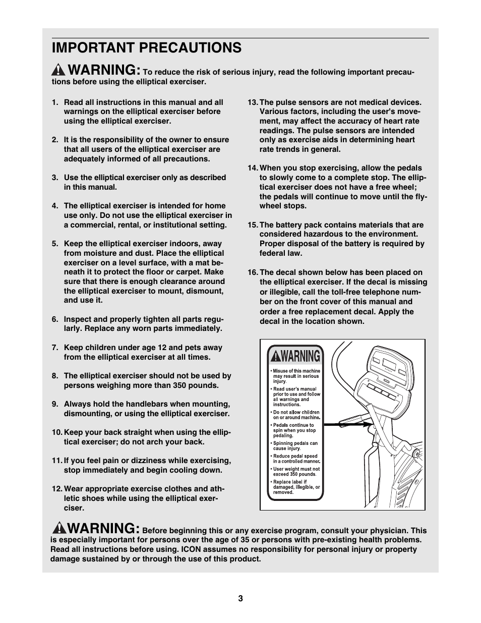 Warning, Important precautions warning | NordicTrack EX 1000 NTEL4255.1 User Manual | Page 3 / 28